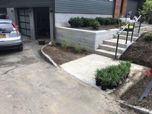 Steps, patio, shrubs, stonework, masonry, stonewall