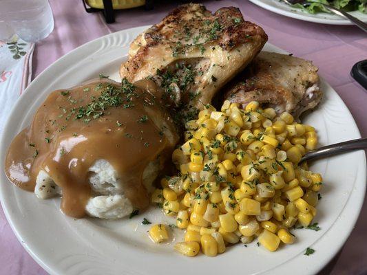 Mother's Day special Chicken dinner, mashed potatoes, and corn