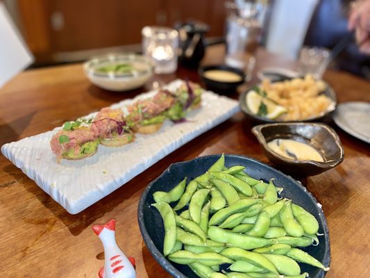 Tuna on crispy rice, Rock shrimp tempura, edamame