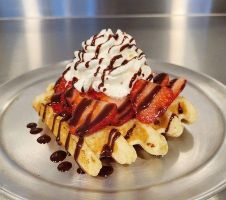 In Bruges: Belgian "Liege" Wafel, Strawberries, Whipped Cream and Belgian Chocolate Sauce