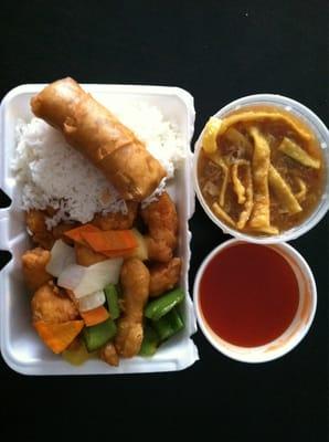 Sweet and sour chicken, egg roll, and hot and sour soup ($10.45)