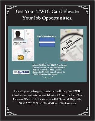 We provide TWIC Cards at our office located at: 4480 General Degaulle, ste-108, NOLA 70131, Walk-ins Welcomed.