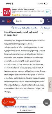 The actual Walgreens policy for price matching.