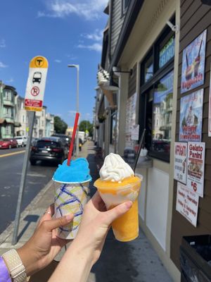 Blue Raspberry Homemade Slush Large and Mango Slush with Soft Serve Ice Cream Large