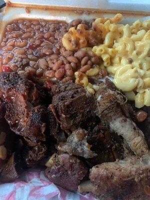 Two meat plate: Smoked Neckbones, ribs, Bro-Mac and Bro-Beans.