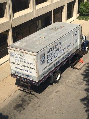 Manually hand fed Shred Truck, many still in service at Accurate Document Destruction