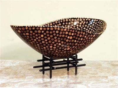 Olympia Bowl on Iron Stand, Inlaid Tropical Almond Seed Finish W 20In. x D 10?In. x H 7 1/2In