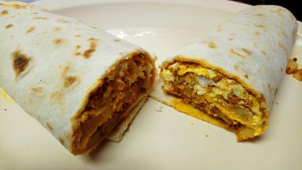 Breakfast burrito with egg, potato and chorizo. Yummy!