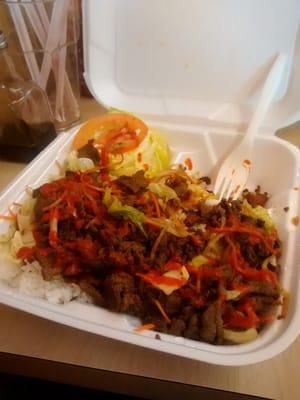 This is the teriyaki plate with rice and veggies. Deliciously delicious.