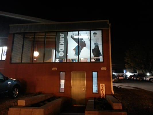 Night time view of the entrance.