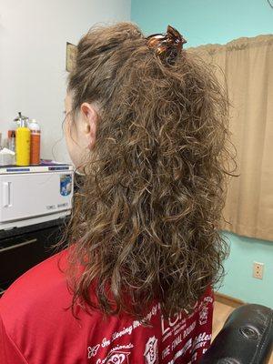 Spiral perm and haircut done by Marge