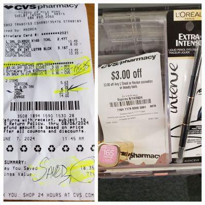 Bought 2 L'oreal Items and saved $18.35 using Care Pass $10.00 less $3.00 + extrabucks % ...Queen of Coupons!  6/7/2024