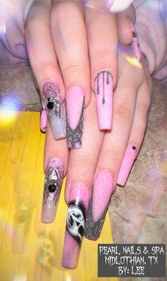 #Spider#SpiderWeb#NailDesignforHallowen  #pinksparkles  #mattenails #longNailsCoffinShape Pearl Nails & Spa #Midlothian_Texas