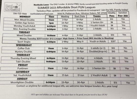 Summer 2023 tentative plan... join the NSL Family today #bowlnorthside