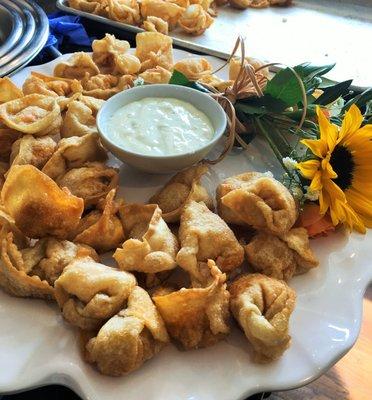 Buffalo Chicken Won  Tons with Blue Cheese Dip