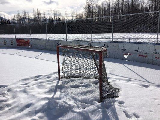 Hockey rink in the winter, basketball court in the summer.