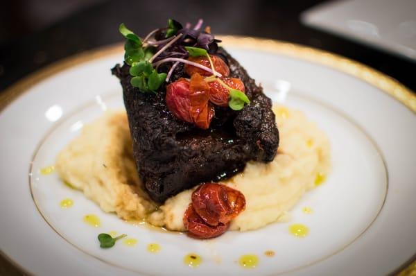 Braised Short Ribs, Bacon Jam, Roasted Cherry Tomatoes, Potato-Parsnip Puree