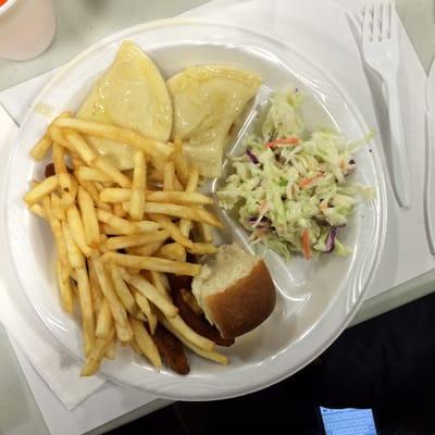 Combo dinner with fish and pierogis.