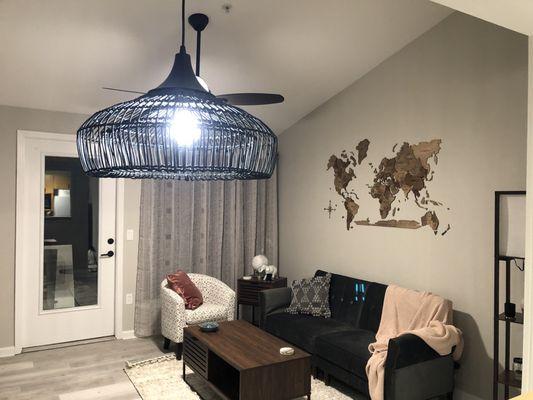 New chandelier install and ceiling fan.