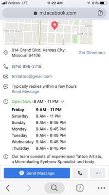 Facebook page's hours and info