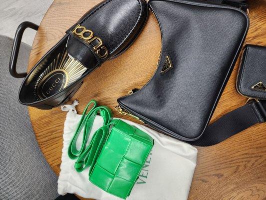 Gucci Loafers, Prada Handbag, Bottega Clutch