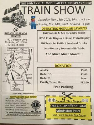 The 30th Annual Rockville Lions Club Model Train Show features operating model layouts in S,N,HO and O scales. It also features a LEGO train