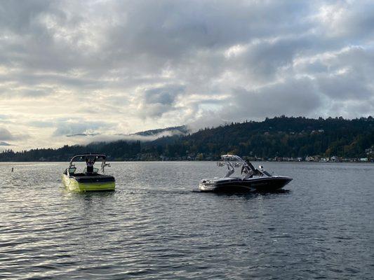 Our valet team taking boats off of the water last fall to get winterized!