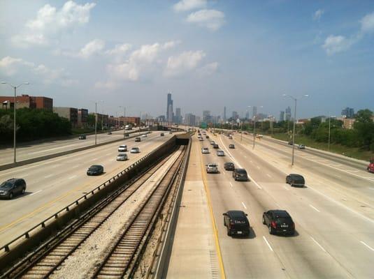 Dan Ryan Expressway looking north off 31st street bridge near Armour Park old italian hood