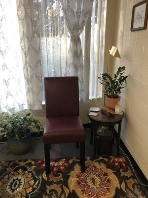 A comfy corner to sit while we check-in or do some Somatic Experiencing.