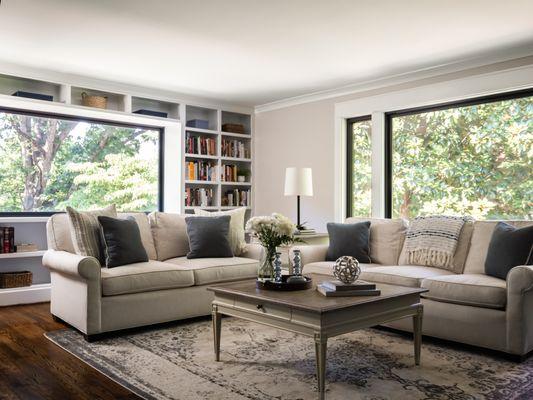 Open floor plan remodel. Living room and bookcase