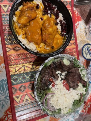 Golden Bowl Golden Bbq chicken, dried cranberries and ranch dressing Served over rice.   Greek salad with "well done" steak tips.