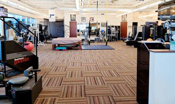 stretching, weight training machines for therapy, TRX, cardio machines and more