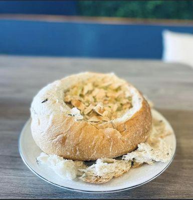 White chicken chili in a bread bowl!