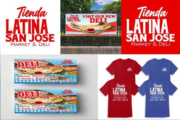 Brand identity package created for Tienda Latina San Jose. Custom logo, custom Flyers, company shirt mock-up, and banner.