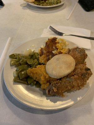 Fried chicken, Mac and cheese wax beans and flat biscuit