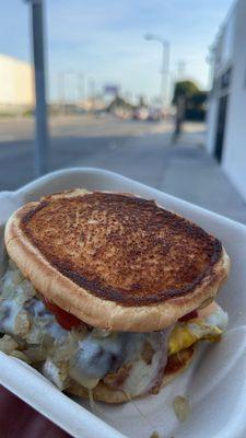 Reversed toast double smash burger with Pepperjack & American cheese