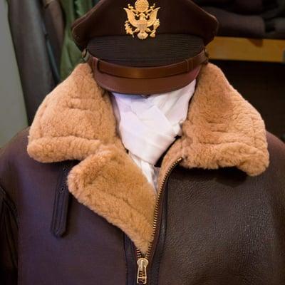 Our R.A.F. Sheepskin Bomber Jacket with our Silk Pilot's Scarf and Officer's Crush Cap