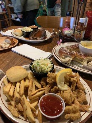 Ribs,shrimp, pretzel, slaw and fries