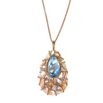 Frederick Sage One of a Kind Pendant with Blue Topaz and Mother of Pearl with Diamonds set in Rose Gold