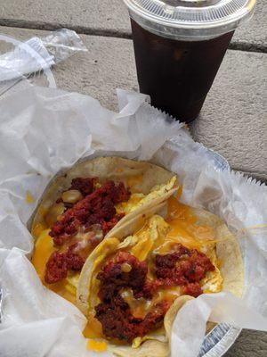 Chorizo breakfast tacos + ice black coffee