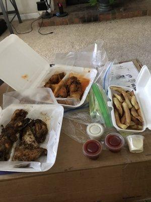 Six jerk wings and six hot wings with a side of too expensive fresh cut fries