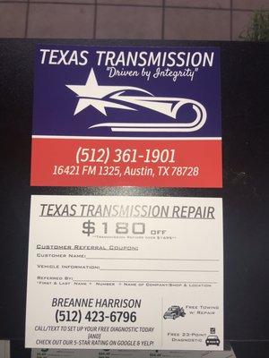 $180 Discount on Transmission Rebuild when you send friends and family for a Referral!!