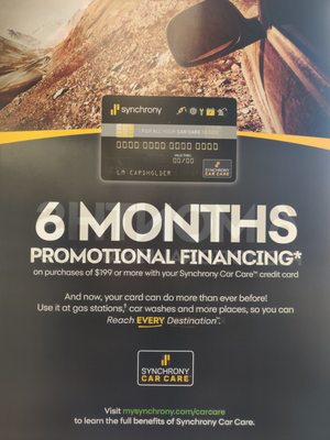 No interest for 6 months with your Synchrony car care card. 2 minutes can save you $ 100 or more