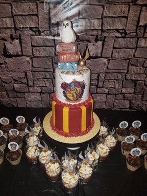 2 tiered Harry Potter Themed cake with butterbeer golden snitch and chocolate frog cupcakes