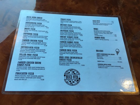 Pizza menu