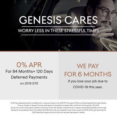 In these unprecedented times, Genesis wants to help our customers worry less. Here is our NEW offer: Now, get 0% APR for 84+ months + 120