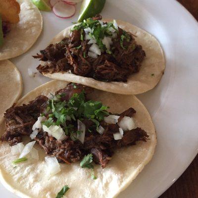 Beef- braised chuck, poblano and salsa.  2/$6