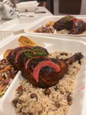 Jerk Chicken, Rice & Peas,  Spicy Slaw