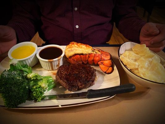 Surf & turf with scalloped potatoes and broccoli