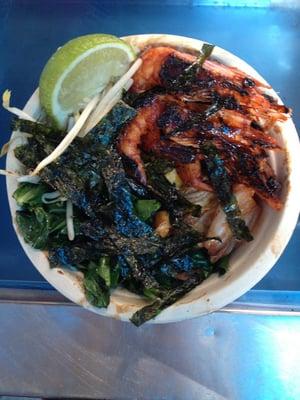 shrimp bowl - marinated prawn, lime, bean sprouts, soy cured egg yolk